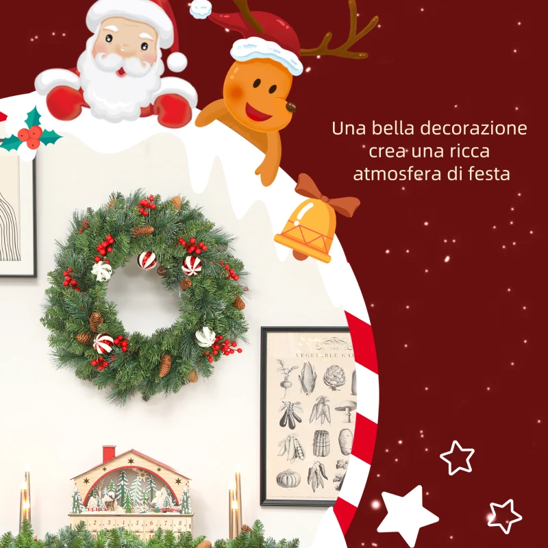 HOMCOM Ghirlanda Natalizia da 60 cm con 146 Rami Innevati, Pigne, Bacche e Palline, Verde