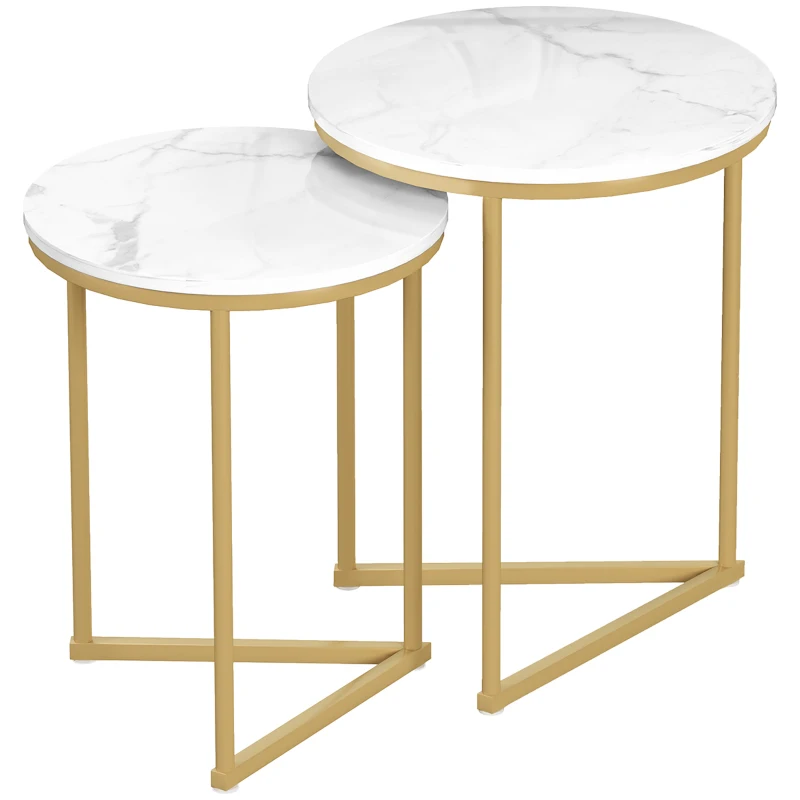 HOMCOM Set of Two Marble-Effect Nest of Tables - White/Gold-Tone