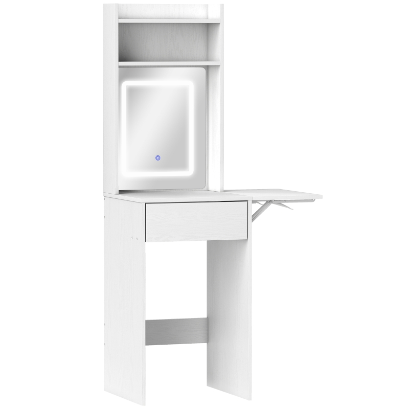 HOMCOM Kompakter Schminktisch mit Spiegel und LED-Beleuchtung, klappbare Tischplatte, offenere Regale, Schublade, MDF, Weiß