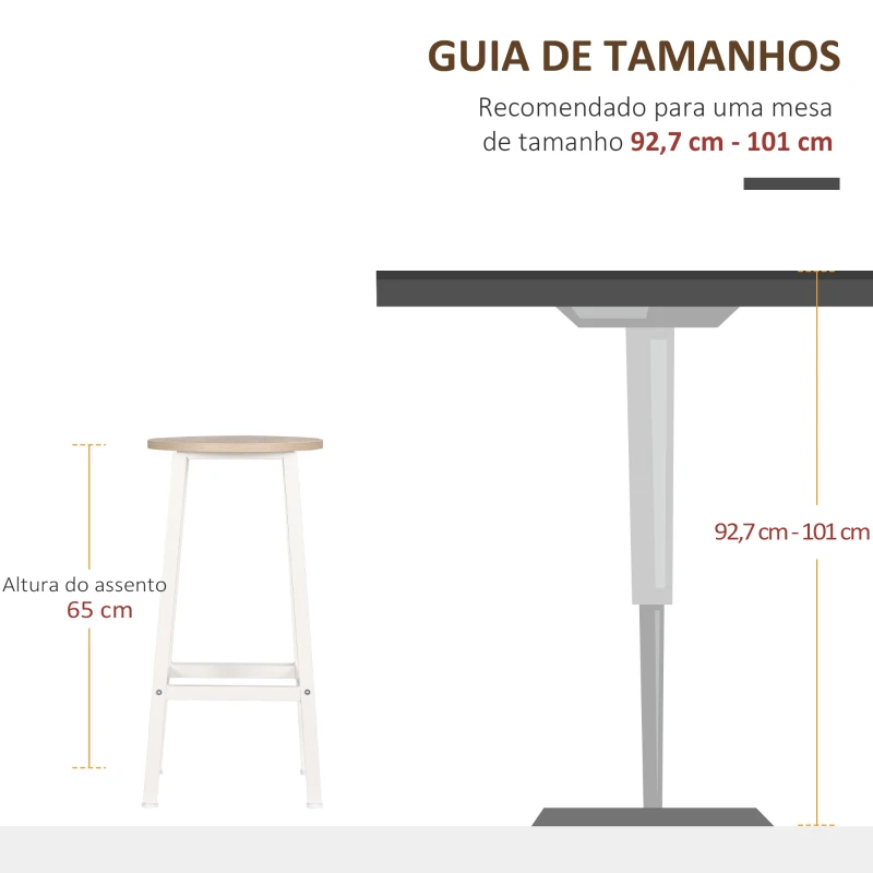 HOMCOM Conjunto de 2 Bancos Altos de Cozinha Bancos de Bar com Pés de Aço e Apoio para os Pés 32,5x32,5x65cm Madeira e Branco