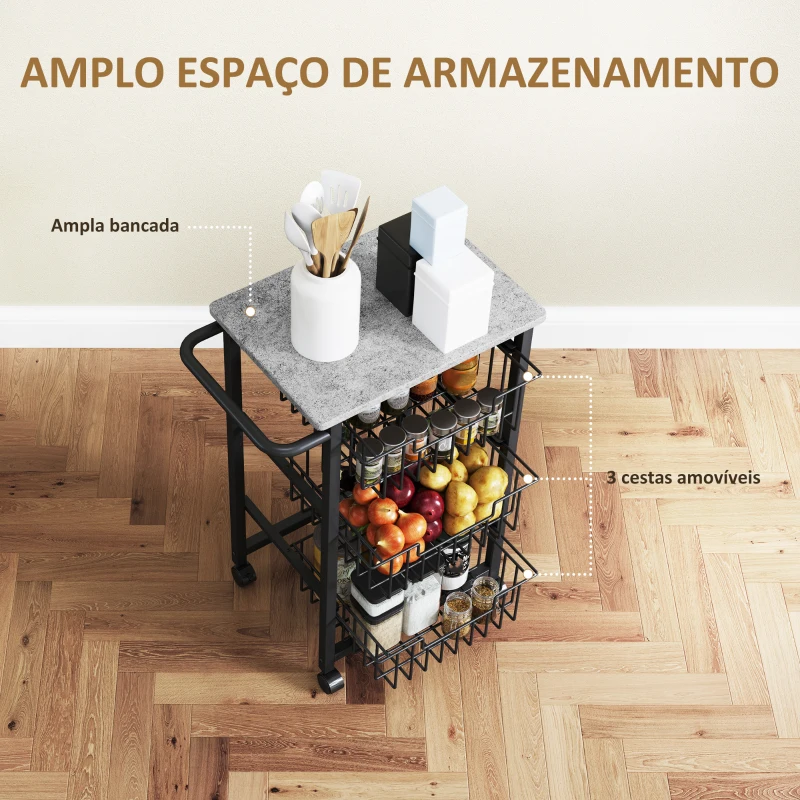 HOMCOM Fruteira para Cozinha Carrinho de Cozinha com 3 Cestas e Estrutura de Aço 49,5x31x69 cm Cinza Claro