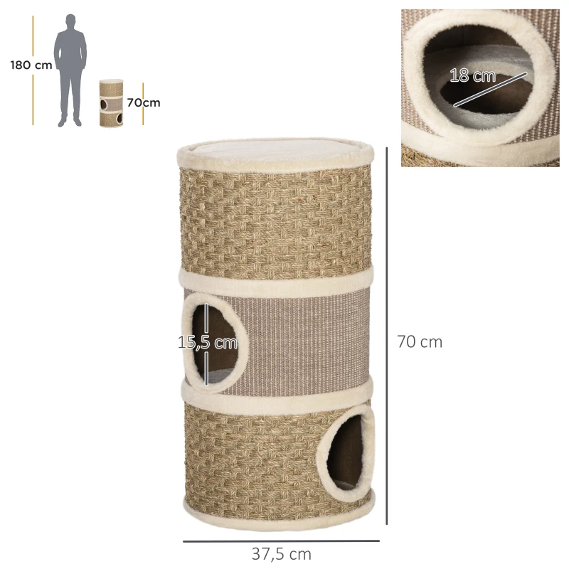 PawHut Tonel Rascador para Gatos con 3 Niveles Barril de Rascado con Plataforma Cama Cómoda Ø37,5x70 cm Marrón Claro y Beige