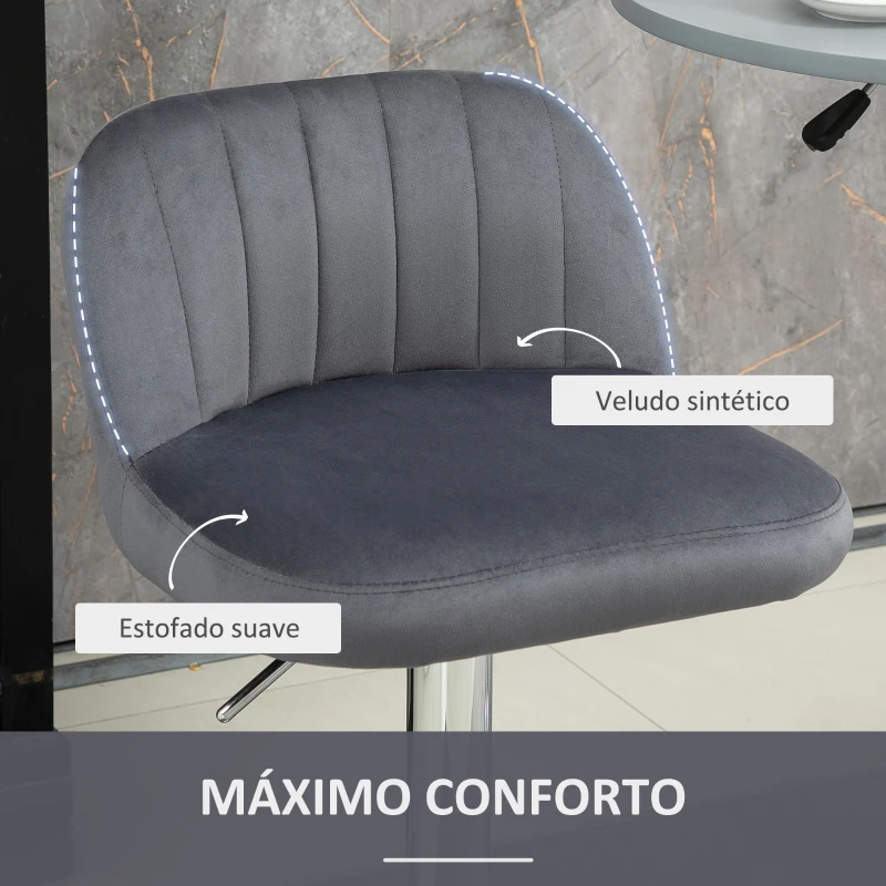 HOMCOM Conjunto de 2 Bancos de Bar Estofados em Pelúcia Bancos Altos de Sala de Jantar com Altura Ajustável Assento Giratório e Apoio para os Pés Carga Máxima 120kg 43x45x81-101cm Cinza