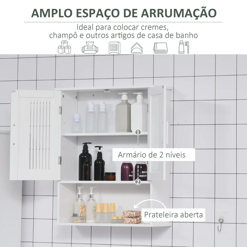 kleankin Armário de Parede Casa de Banho com Armazenamento 2 Portas em Ripas Prateleira Ajustável e Compartimento 60x20x70 cm Branco