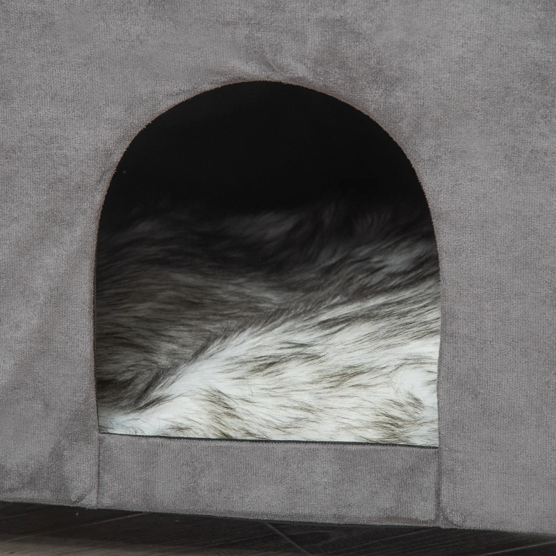 PawHut 2-IN-1 Katzenhöhle Fußhocker mit Kissen Holzbeine Katzenhaus Katzenkorb weich gepolstert Ottomane elegantes Design abnehmbar MDF Plüsch Grau 60 x 45 x 44,5 cm(m-10)