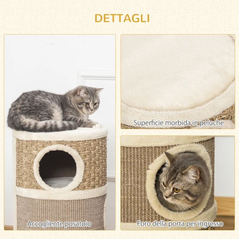 PawHut Casetta per Gatti Tiragraffi a Torre 3 Nicchie Corda in Sisal Alga Marina