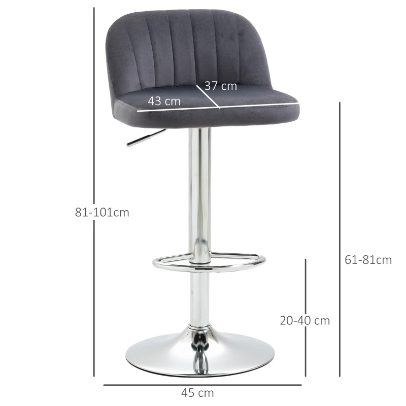 HOMCOM Conjunto de 2 Bancos de Bar Estofados em Pelúcia Bancos Altos de Sala de Jantar com Altura Ajustável Assento Giratório e Apoio para os Pés Carga Máxima 120kg 43x45x81-101cm Cinza
