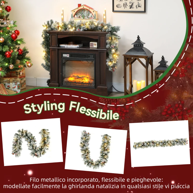 HOMCOM Ghirlanda Natalizia Ø25x180 cm con 50 Luci LED, Bacche e Pigne, in Plastica e Metallo, Verde e Bianco