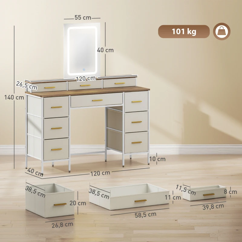 HOMCOM Schminktisch mit Spiegel und 3‑farbiger LED-Beleuchtung, Schminktisch 10 Stoffschubladen, 118,5 x 39,5 x 140 cm natur