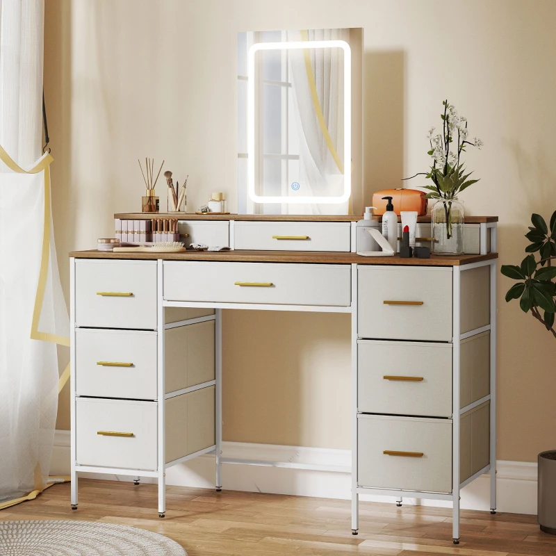 HOMCOM Schminktisch mit Spiegel und 3‑farbiger LED-Beleuchtung, Schminktisch 10 Stoffschubladen, 118,5 x 39,5 x 140 cm natur