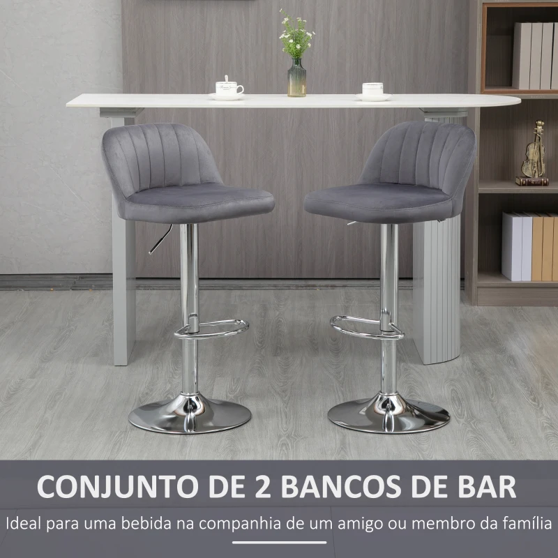 HOMCOM Conjunto de 2 Bancos de Bar Estofados em Pelúcia Bancos Altos de Sala de Jantar com Altura Ajustável Assento Giratório e Apoio para os Pés Carga Máxima 120kg 43x45x81-101cm Cinza