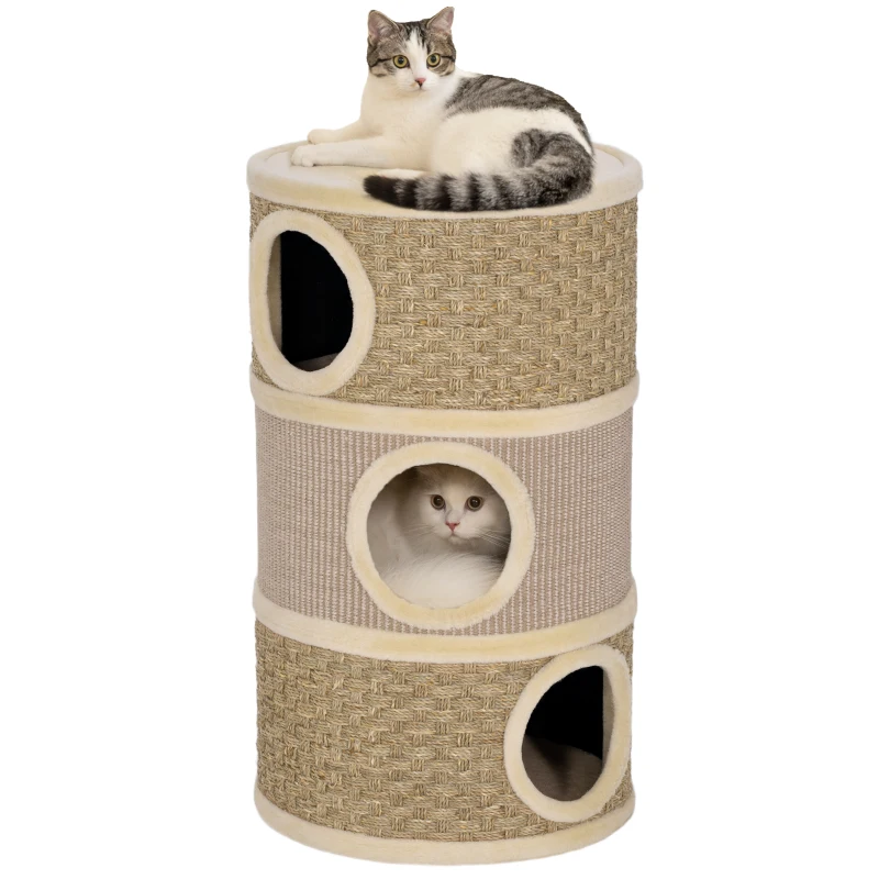 PawHut Krabton, 79 cm hoog, Ø45 cm, drievoudige krabton met sisaltouw, kattenhol, voor grote katten, Khaki+Bruin