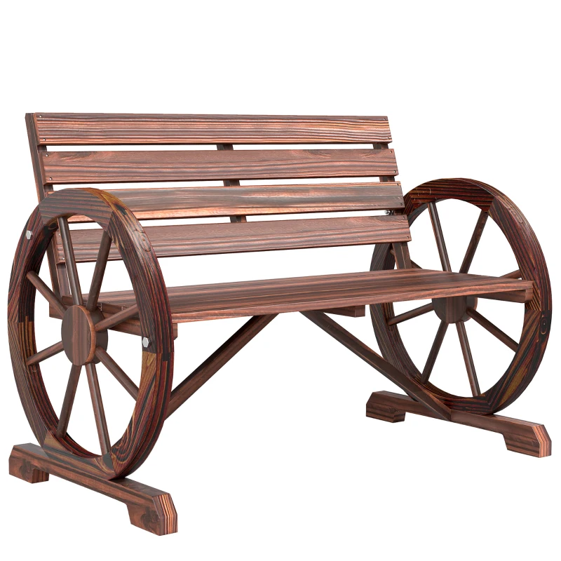 Outsunny Banc de Jardin banc 3 places banc en bois Style Rustique Chic accoudoirs Roues Charette Bois Sapin traité carbonisation