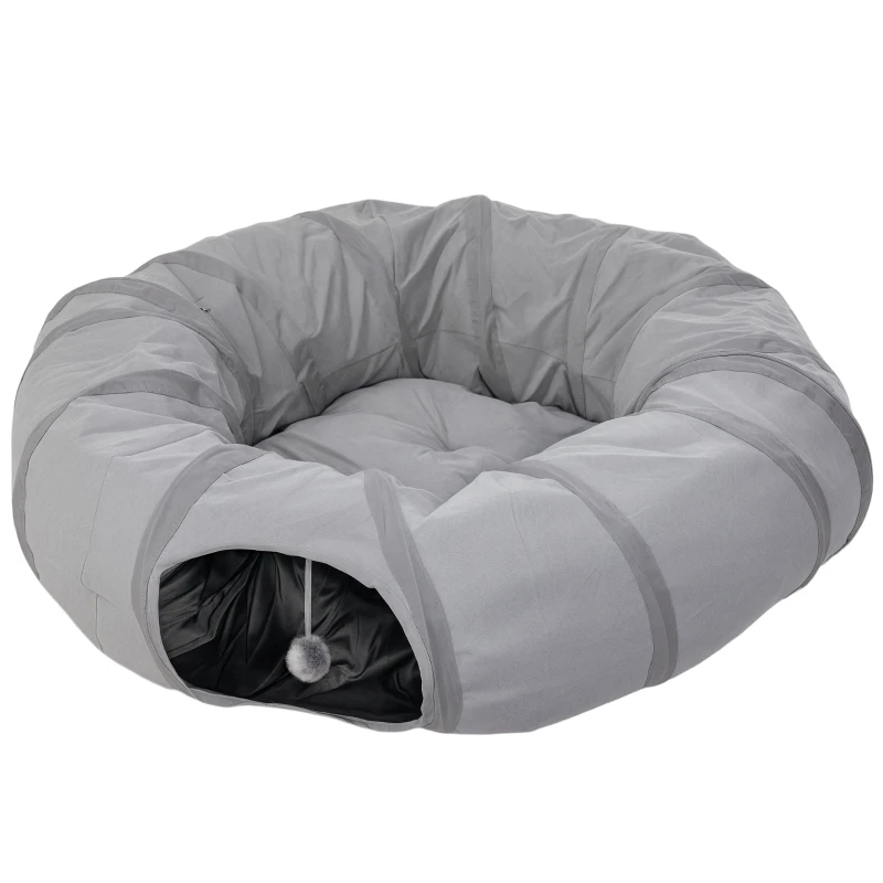 PawHut Tunnel pour chat intérieur rond tunnel avec lit et coussin, pliable, avec trous pour balles et judas, Ø 90 x 27 cm gris