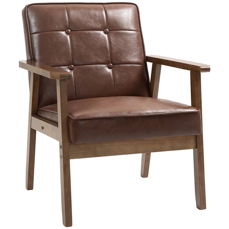 HOMCOM Poltrona in pelle sintetica, schienale capitonné, gambe in legno massiccio, 64x66x80cm, Marrone