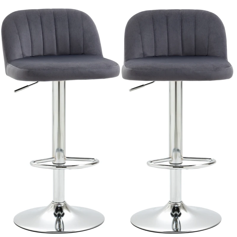 HOMCOM Conjunto de 2 Bancos de Bar Estofados em Pelúcia Bancos Altos de Sala de Jantar com Altura Ajustável Assento Giratório e Apoio para os Pés Carga Máxima 120kg 43x45x81-101cm Cinza