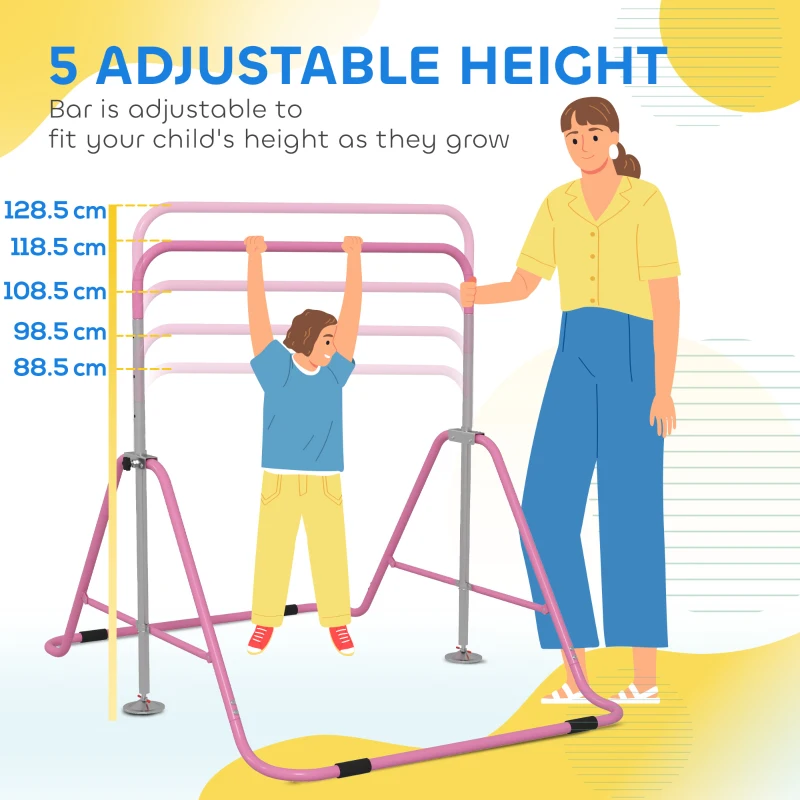 HOMCOM Bară de Tracțiuni Pliabilă pentru Copii, Bară de Gimnastică cu Înălțimi Reglabile și Structură din Oțel, 148x105x88-128 cm, Roz