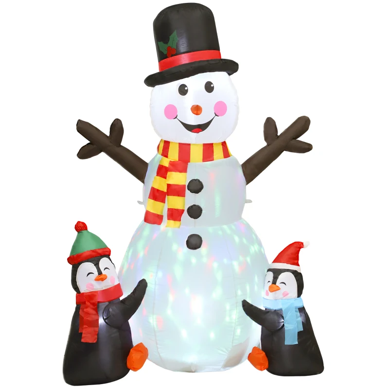Outsunny 6FT Christmas Inflatables Snowman & Penguins with Built-in LED Lights and Flashing Projector Light, Blow Up Christmas Inflatable Decoration for Indoor Outdoor Decor, Garden