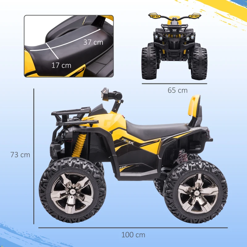 HOMCOM Quad Buggy électrique Enfant 12 V 8 Km/h Max. Voiture électrique Enfant avec Effets Lumineux sonores Selle avec Dossier Porte-Bagage Avant métal PP Jaune Noir(m-3)