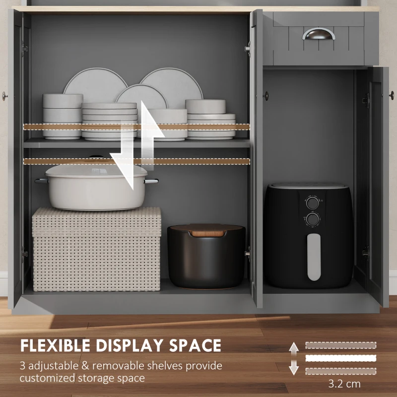 HOMCOM 180cm Freestanding Kitchen Cabinet, Modern Storage Cupboard with Open Countertop, Drawer and 6 Doors, Grey