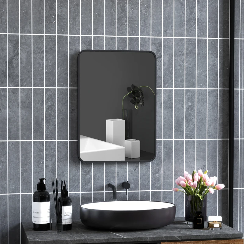 HOMCOM Espelho Casa de Banho 50x70 cm Espelho de Parede com Estrutura de Metal Vertical e Horizontal para Entrada Preto