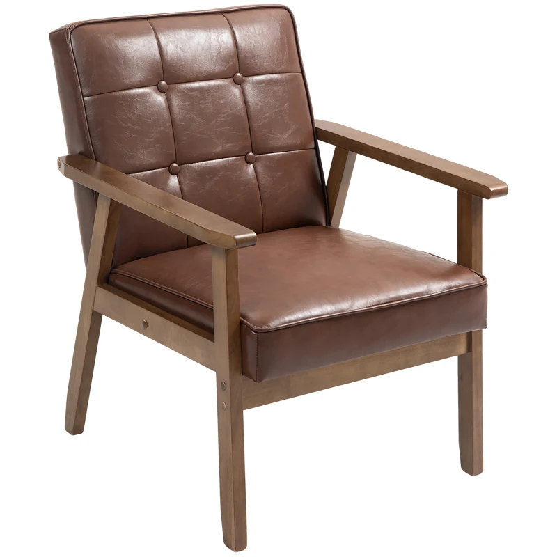 HOMCOM Fauteuil de salon, fauteuil de chambre en cuir synthétique, dossier capitonné, pieds en bois massif, 64x66x80cm, marron
