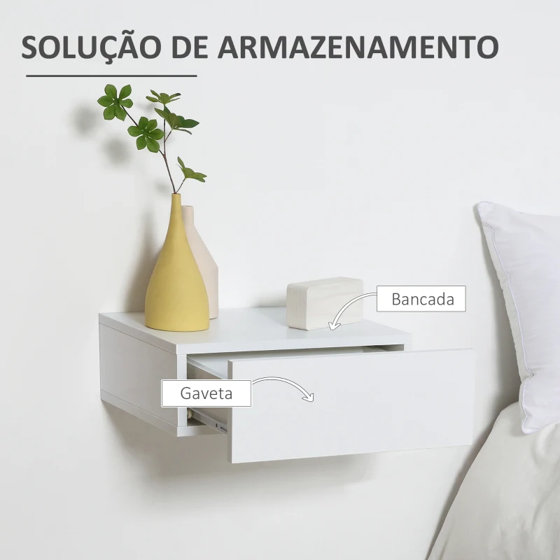 HOMCOM Conjunto de 2 Mesas de Cabeceira com 1 Gaveta Desenho Montado na Parede Estilo Moderno para Dormitório 40x30x15cm Branco