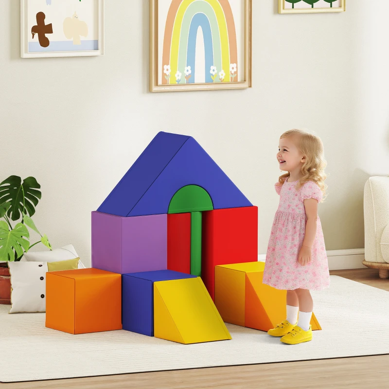 HOMCOM Parcours motricité bébé 11PCS, module motricité bébé en mousse EPE avec housse en revêtement synthétique, blocs mousse de construction, jouets éducatifs pour enfants de 1-3 ans, multicolore(m-2)