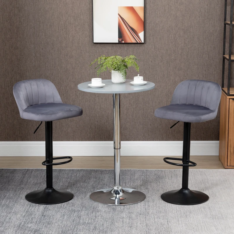 HOMCOM Set de 2 scaune de bar cu efect de catifea cu spatar si suport pentru picioare, 43x45x81-101cm, gri(m-10)
