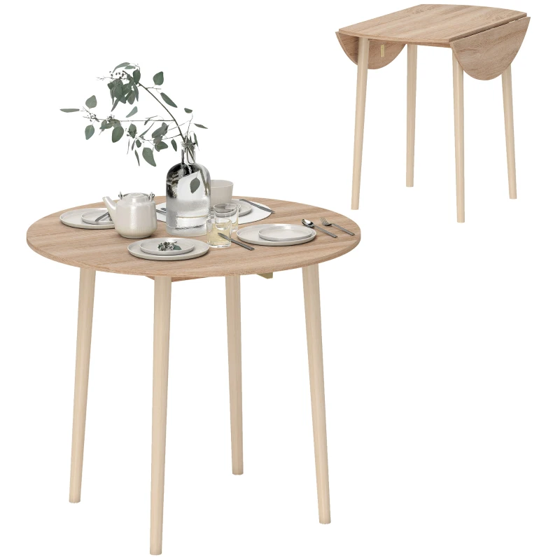 HOMCOM Folding Dining Table for 4, Round Drop Leaf Table, Modern Space Saving Small Kitchen Table with Wood Legs for Dining Room, Natural