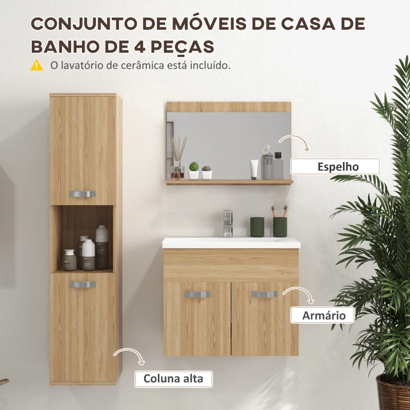 kleankin Conjunto de Móveis Casa de Banho 3 Peças com Espelho Móvel com Lavatório Cerâmico e Coluna de Casa de Banho Madeira