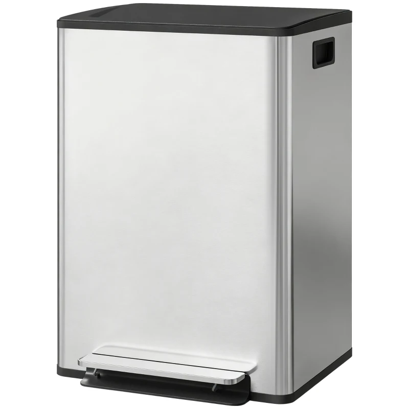 HOMCOM Pedalmülleimer mit 2 x 30L Fächern, gedämpfter Deckel und herausnehmbare Behälter, Edelstahl, Silber