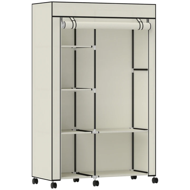 HOMCOM Stoff-Kleiderschrank auf Rollen Tragbarer Kleiderschrank mit 6 Regalböden und 1 Kleiderstange für Schlafzimmer 103x43x162,5cm Creme