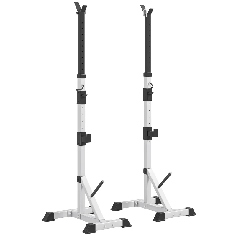 HOMCOM Set 2 Supporti Bilanciere in Acciaio con 3 Ganci, Altezza Regolabile e Portata 200kg, Argento e Nero