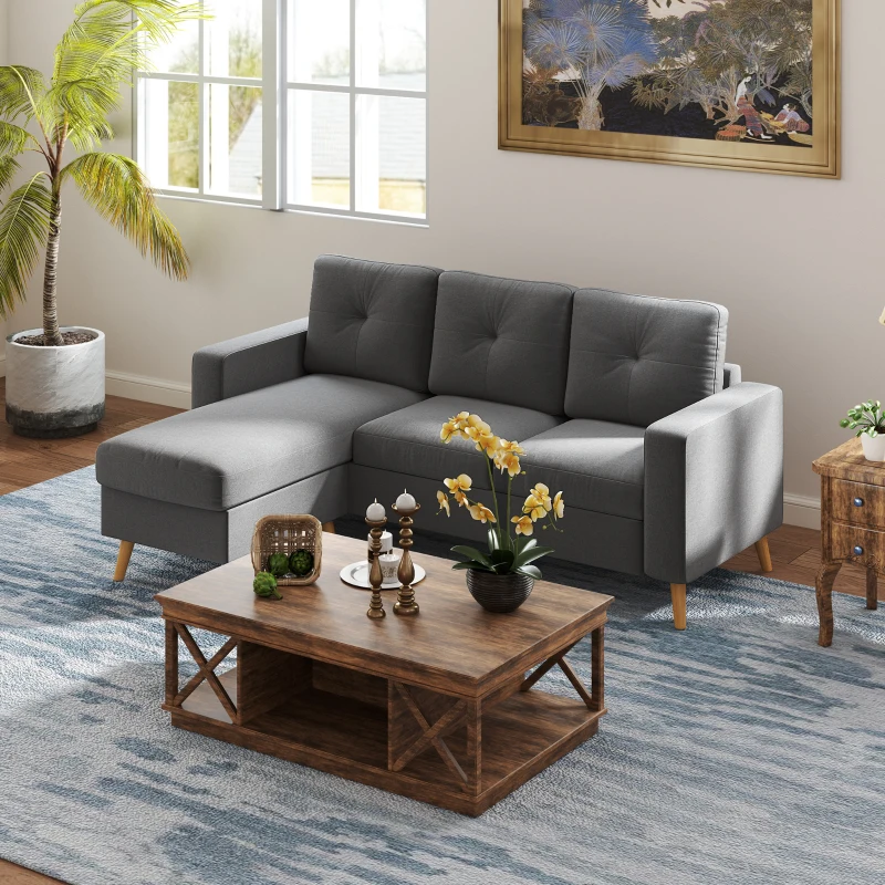 HOMCOM Hoekbank in Scandinavisch design, met knoopdetail, massief hout, linnenlook, Grijs(m-2)