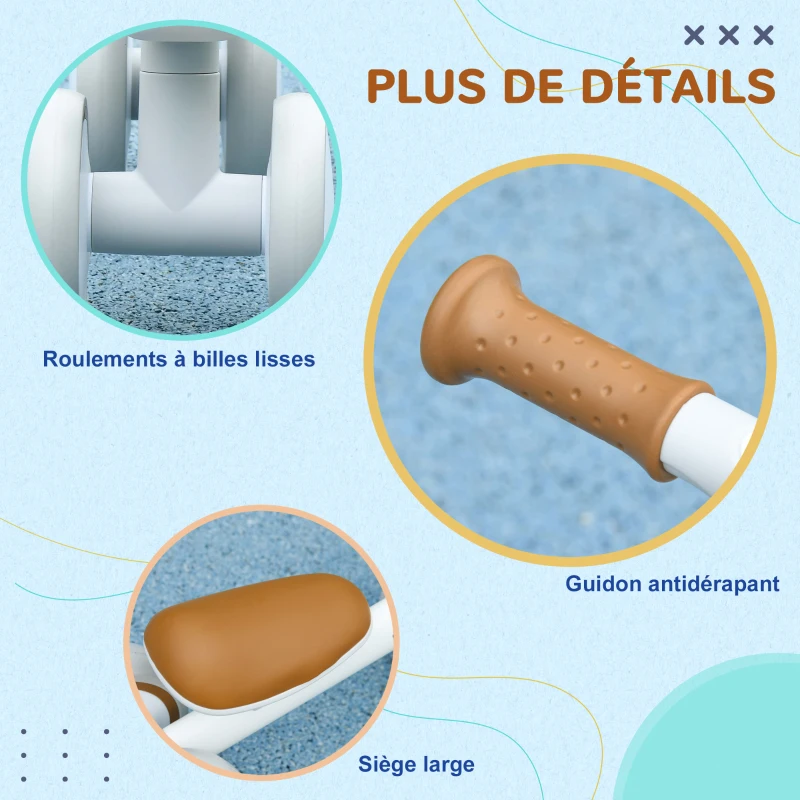AIYAPLAY Draisienne vélo Enfant 4 roues selle réglable, guidon ergonomique alliage alu. PP, enfant 1 à 3 ans - Marron Blanc(m-9)