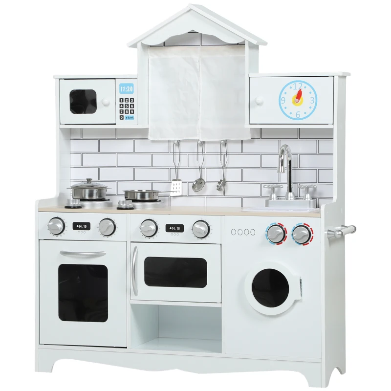 AIYAPLAY Cocina de Juguete de Madera con Sonido y Cortinas Accesorios de Acero Inoxidable para Niños a Partir de 3 Años Blanco