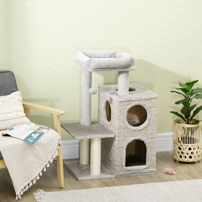 PawHut kattenboom met kattengrot, kattenbed en speelbal, 60 cm x 40 cm x 91 cm, lichtgrijs+naturel