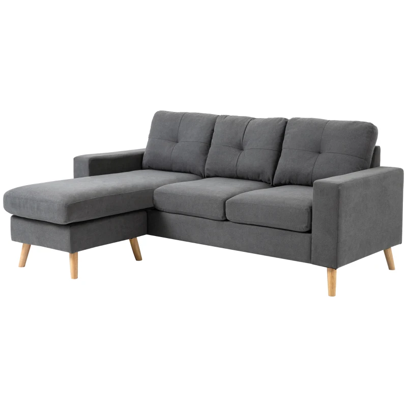 HOMCOM Hoekbank in Scandinavisch design, met knoopdetail, massief hout, linnenlook, Grijs(m-14)