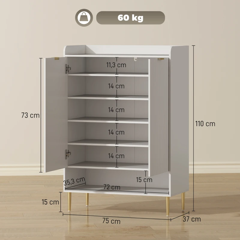 HOMCOM Meuble à chaussures gain de place pour 24 paires avec 2 portes, 3 étagères extractibles et étagère inférieure, Blanc