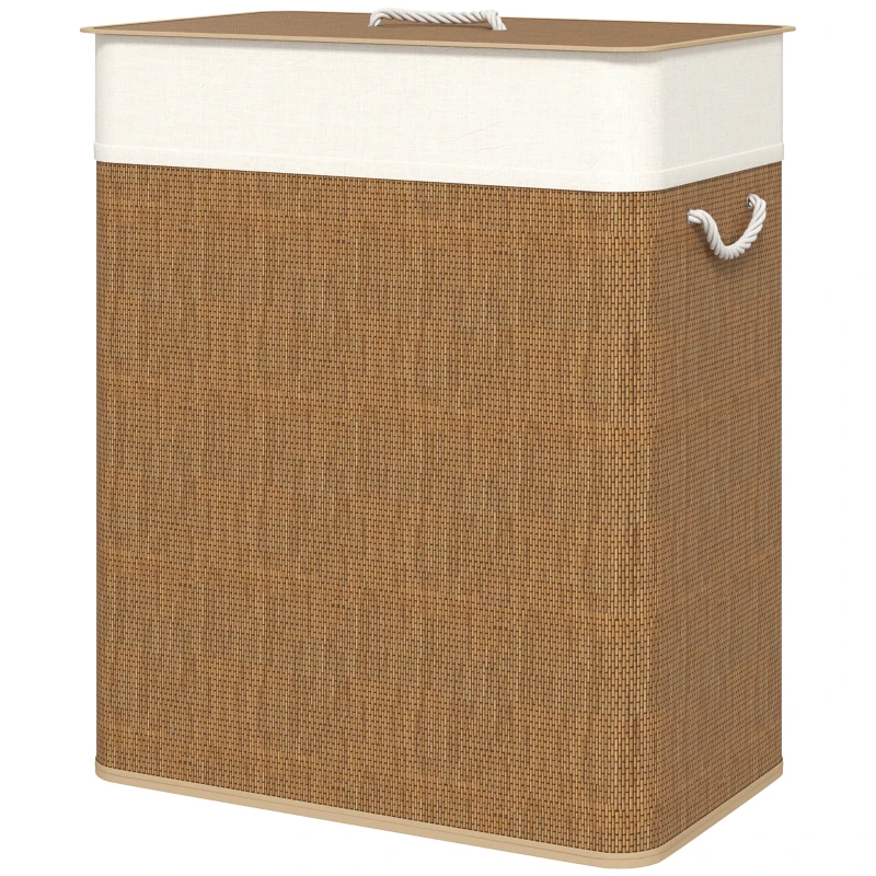HOMCOM Panier à linge double avec couvercle, panier à linge en bambou 100 L avec poignées en corde