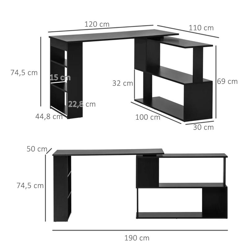 HOMCOM Mesa de Computador Secretária Mesa de Canto Giratória 360° com 5 Prateleiras 120x110x74,5 cm Preto