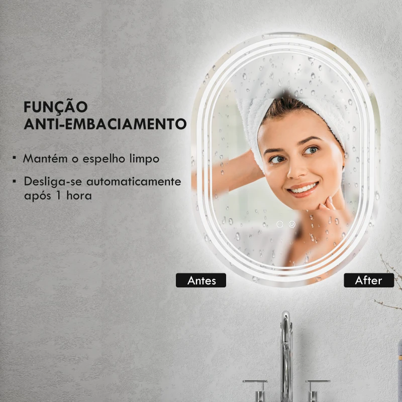 kleankin Espelho Casa de Banho com Iluminação 70x50 cm Espelho de Parede com 3 Cores de Luz Brilho Ajustável Função Anti-Embaciamento Função Memória