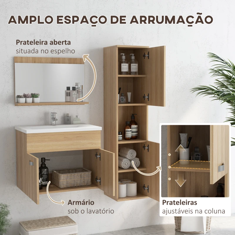 kleankin Conjunto de Móveis Casa de Banho 3 Peças com Espelho Móvel com Lavatório Cerâmico e Coluna de Casa de Banho Madeira