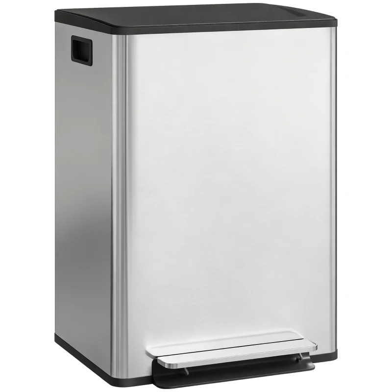 HOMCOM Pattumiera a Pedale con 2 Scomparti da 30L, Coperchio Ammortizzato e Secchi Rimovibili, Acciaio Inox, Argento