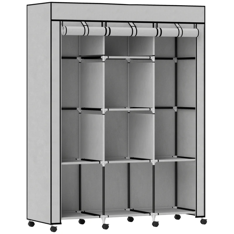 HOMCOM Armoire en tissu, solution de rangement, 8 étagères, 2 tringles, gris
