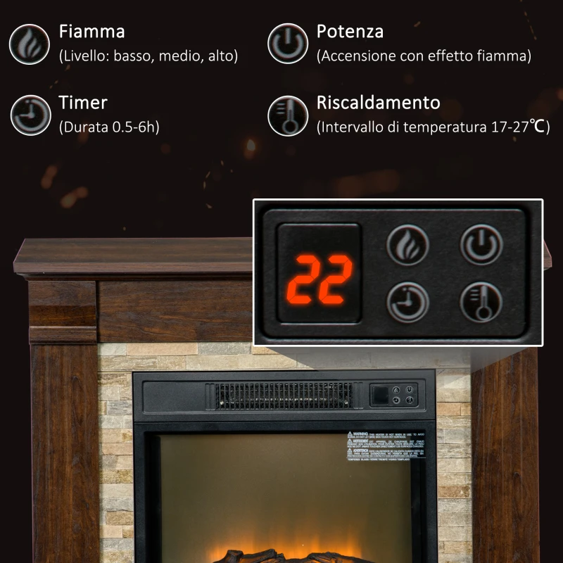 HOMCOM Camino Elettrico da Incasso a Terra con Timer, Fiamma e Temperatura Regolabile, 80x21.6x67.8 cm, Marrone