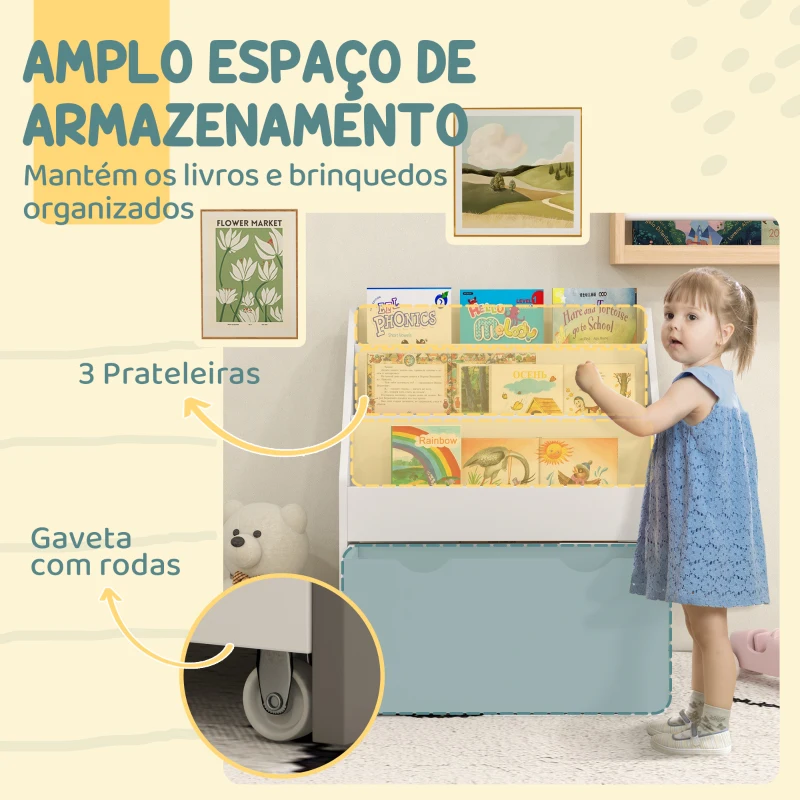 AIYAPLAY Estante de Brinquedos com 3 Compartimentos Gaveta com Rodas para Quarto Sala de Jogos 62,5x30x70 cm Branco