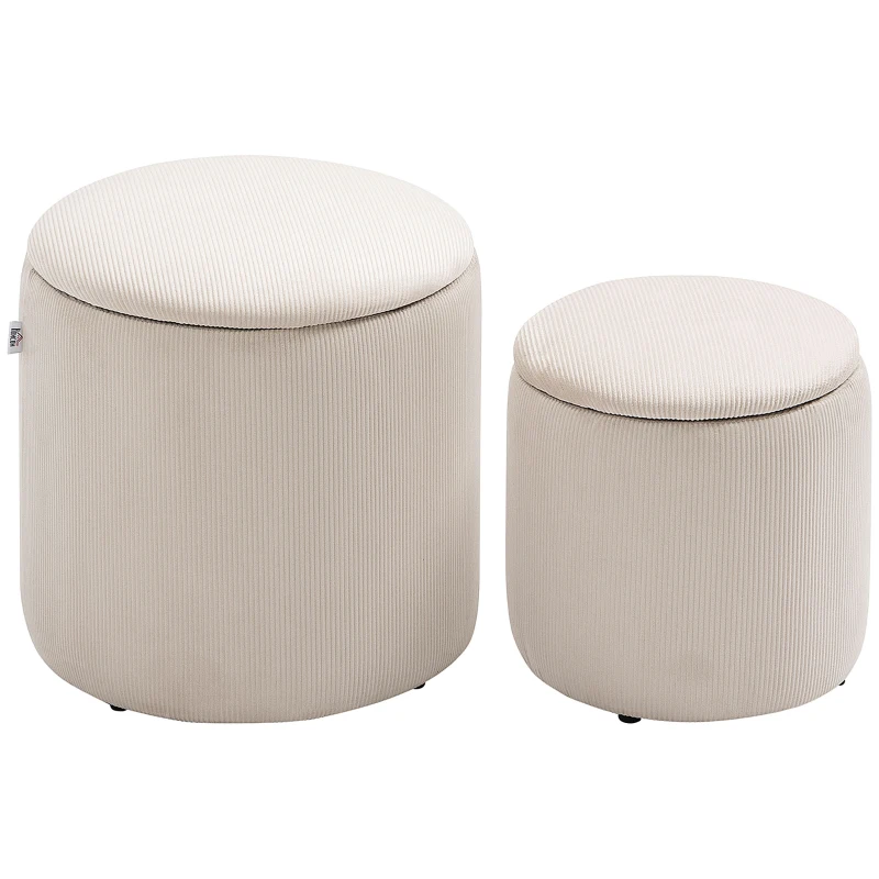 HOMCOM Set di 2 Pouf Contenitore Salvaspazio Rotondi e Imbottiti in Velluto a Coste, Bianco