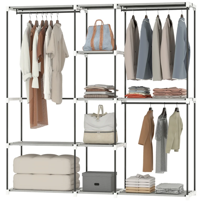 HOMCOM Armoire à vêtements 182x43x185 cm Armoire ouverte avec 8 étagères en tissu Barres pour suspendre Cadre en métal Gris clair